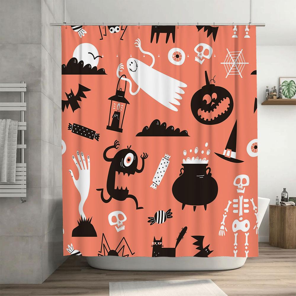 Halloween-themed waterproof shower curtain with spooky patterns designed for Halloween decor in bathrooms Coral color option ava