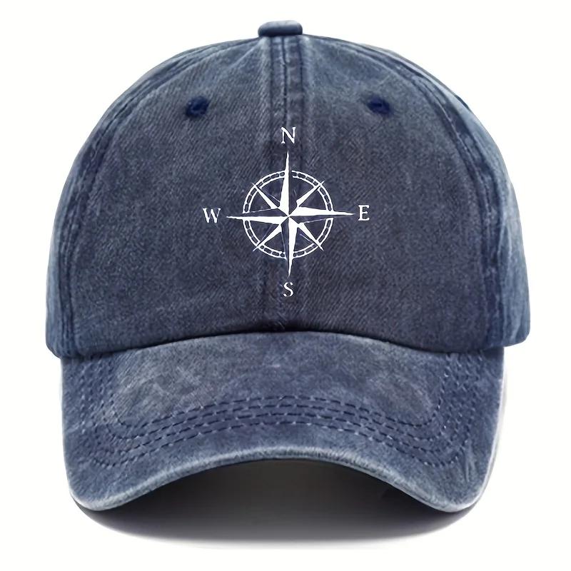 Vintage Gewassen Katoenen Baseballpet Met Kompasprint, Unisex Oude Papa Hoed Met Zonbescherming, Verstelbare Vakantie Thema Casual
