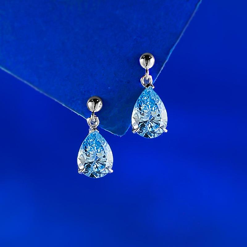 Water Drop Sea Blue Earrings Women'S 7 * 10Mm Pear-Shaped Diamond Colored Treasure Ear Jewelry