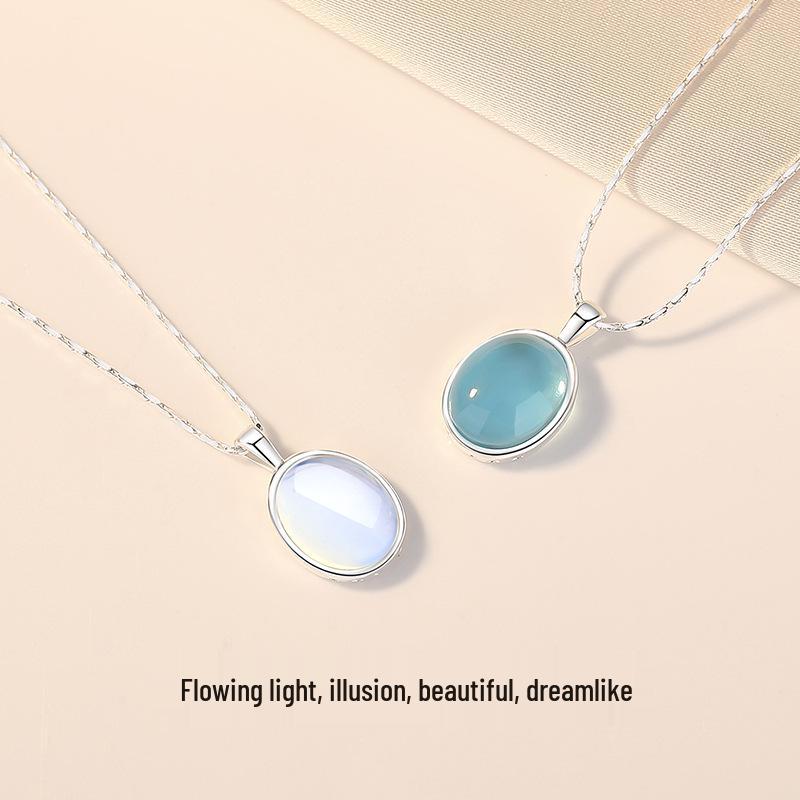 Tichya S925 Sterling Silver Moonstone/Aquamarine Necklace – Niche Design Oval Snake Chain for Women