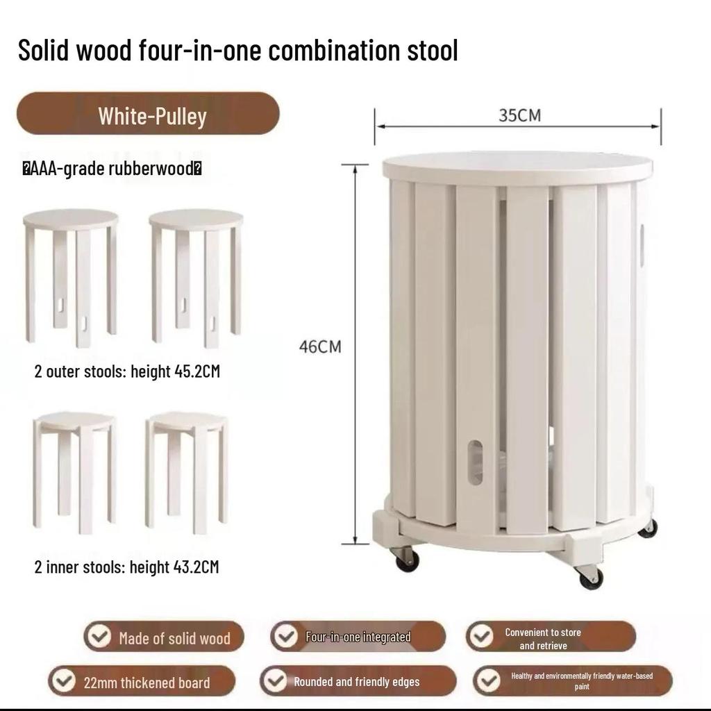 Sgabello Impilabile in Legno Massiccio con Ruote – Design Sei-in-Uno per Facile Conservazione e Uso Domestico
