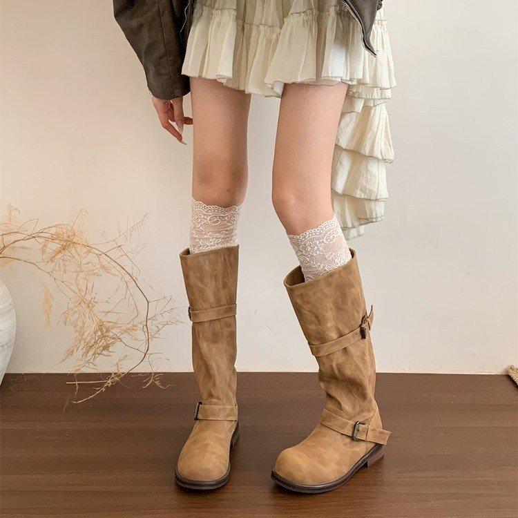 "Fried Street Babes!" Retro polished old locomotive boots women's thick heel medium boots tooling but knee boots