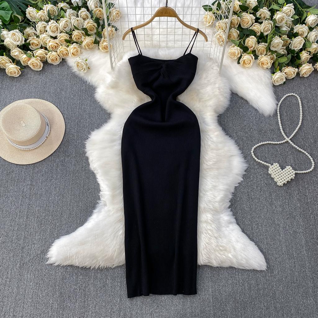 Summer Women Sexy Spaghetti Strap Knitted Sweater Long Midi Home Chic Sheath Dresses