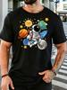 Unisex Space Astronaut Planet Cartoon Graphic Cotton Short Sleeve Tee Crew Neck Soft Male Summer Casual Breathable Street Top