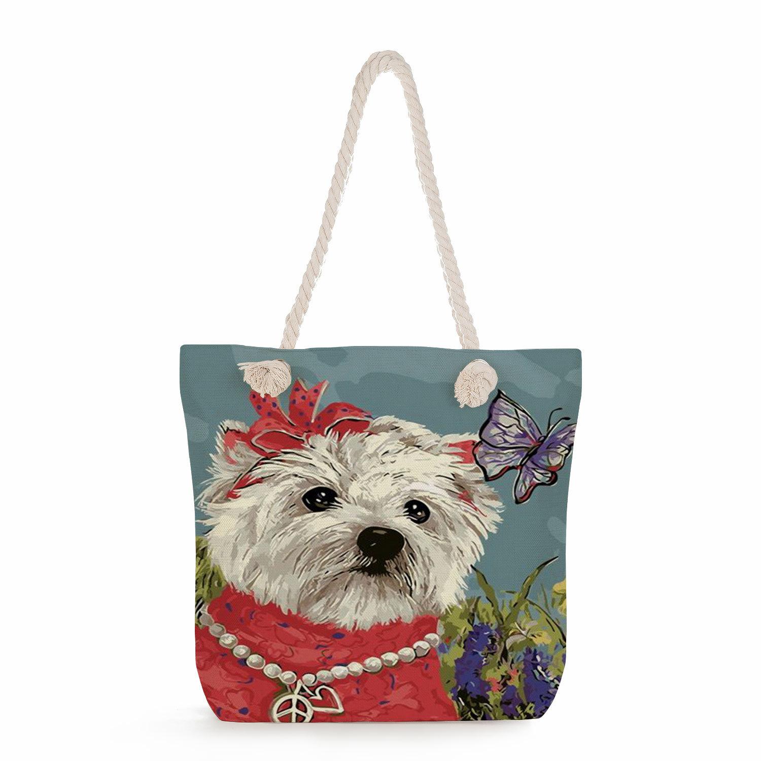 Dog print thick rope single-shoulder beach bag 7313