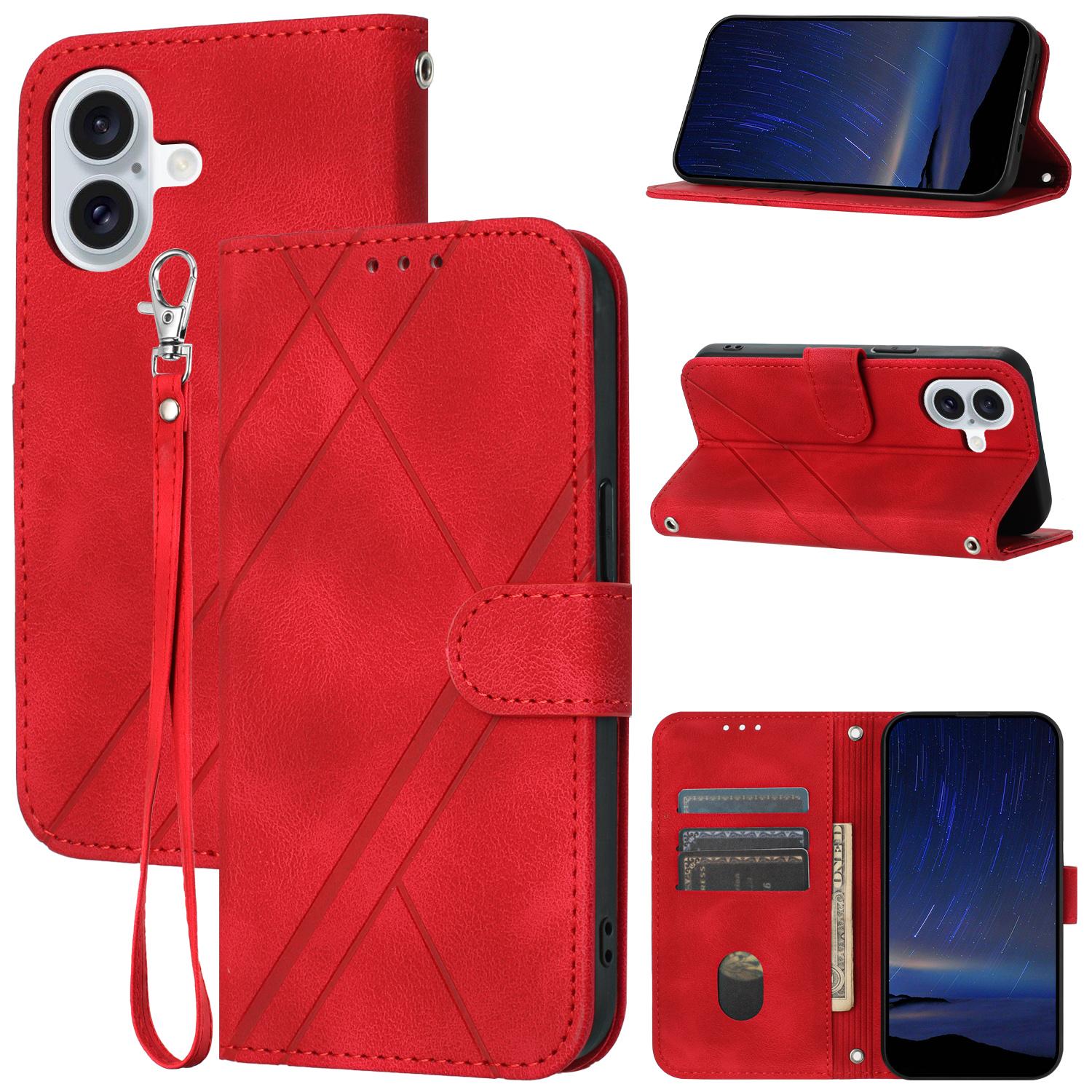 

For iPhone 17 Case Imprinted Line Leather Phone Cover with Handy Strap Red