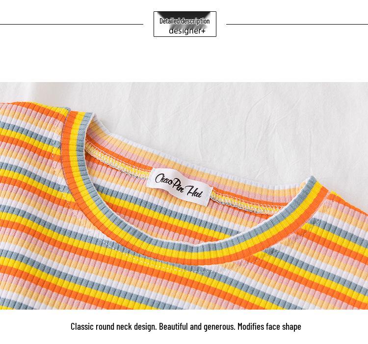 Women's Rainbow Striped Cropped Short Sleeve Top, Hyuna Style, Tight Fit, High Waist, Belly Button Show