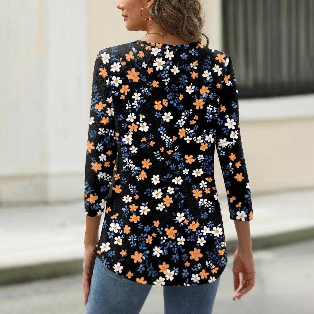 Shirt For Women's Fashion Casual Square Neck 3/4 Sleeve Loose Printed T-Shirt Ladies Top