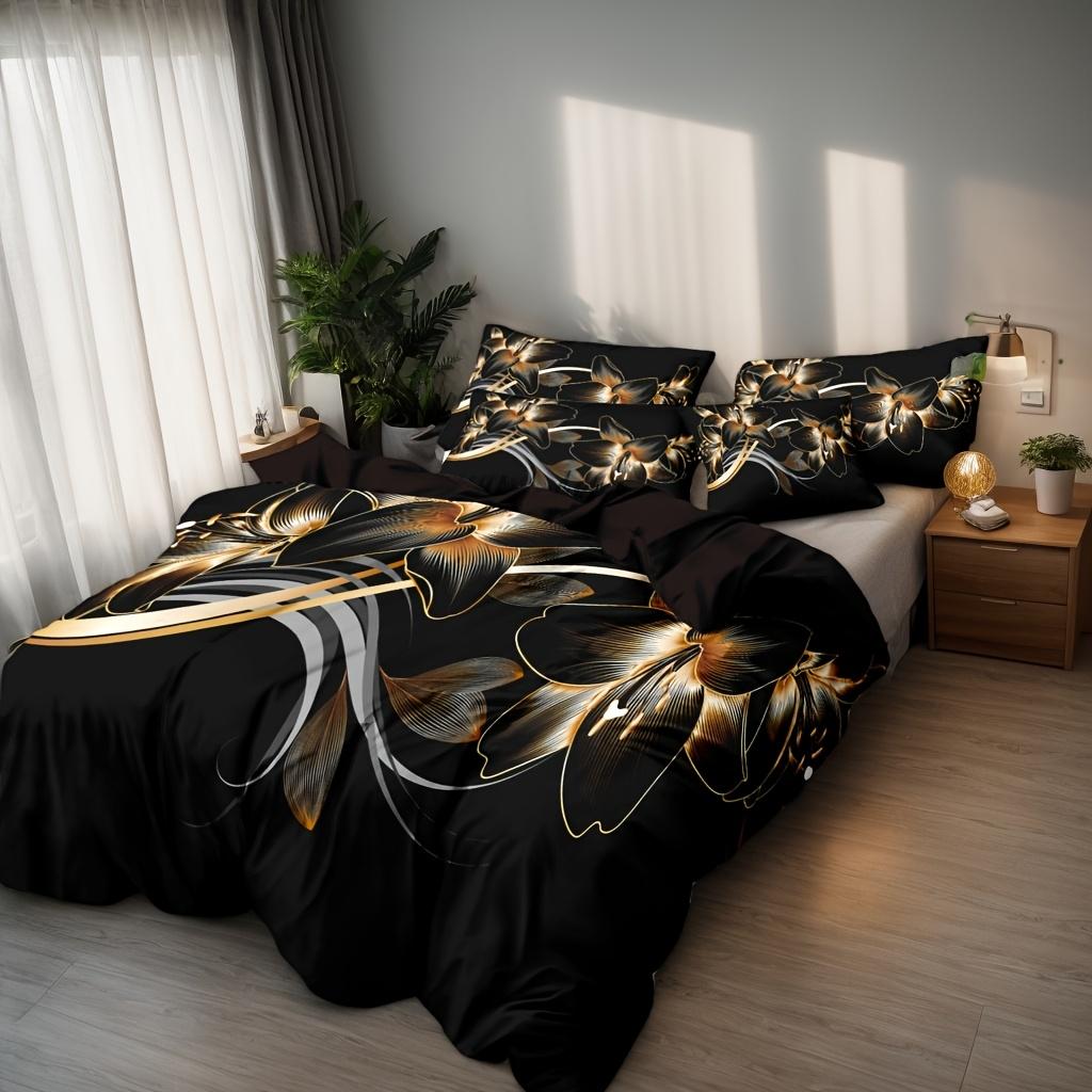 Luxuriöses Bettwäsche-Set Modern Schwarz Gold Blumenmuster Weich Atmungsaktiv Bettwäsche Enthält 1 Bettbezug und 2 Kissenbezüge