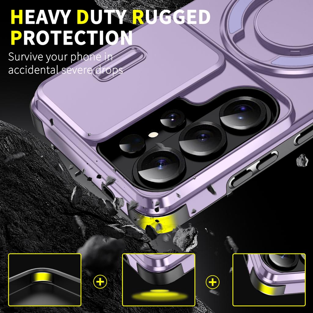 For Magsafe Holder Armor Phone Case for Samsung Galaxy S26 S24 FE S25 Edge S23 Plus S22 S21 Ultra Slide Camera Shockproof Cover