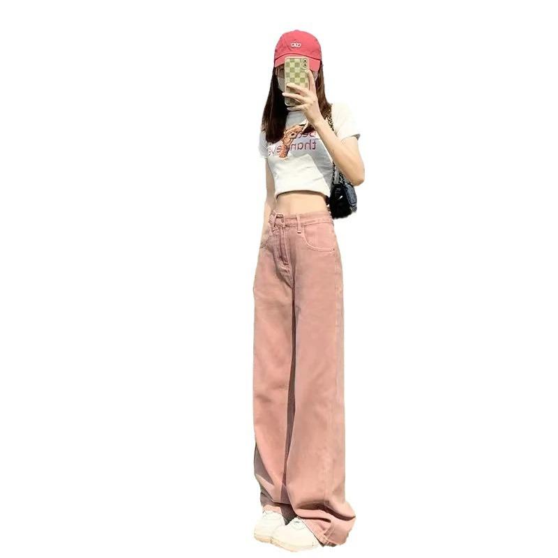Dirty Pink High Waisted Wide Leg Jeans for Women's Spring Straight Leg Loose Fitting Slimming Pants
