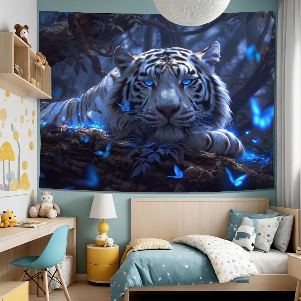 Mystical White Tiger Tapestry: Luminescent Eyes And Blue Butterflies In A Serene Forest Setting