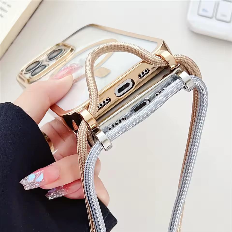 Luxusní šňůrka na krk Lanyard Pokovování Magnetický Průhledný Kryt na Telefon Pro iPhone 17 16 15 14 13 12 Pro Max 11 Pro Magsafe Měkký Kryt