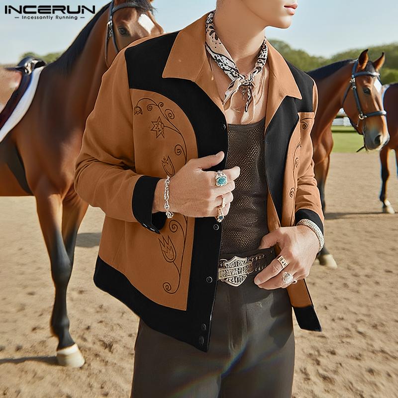 INCERUN Men Long Sleeve Embroidery Stitching Buttons Suede Casual Thin Coat Jackets