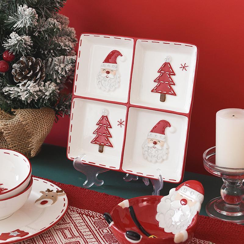 Nordic Christmas Tableware Set, Santa Embossed Ceramic Plates Bowls, Stitched Sealing Canister Collection