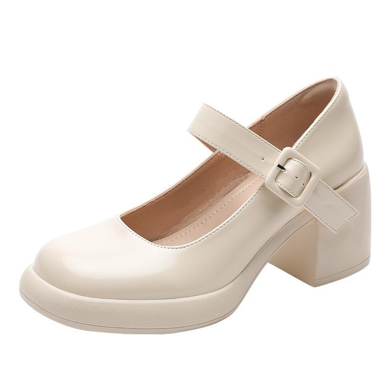High heel Mary Jane single shoes cream Lolita thick heel round head soft sole one word with square buckle small girl matching
