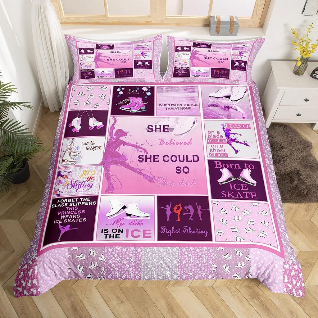 Ice Skating Duvet Cover Set For Kids Teens Queen Size Lightweight Down Quilt Covers 2 Pillowcases 1 Comforter Cover No Comforter