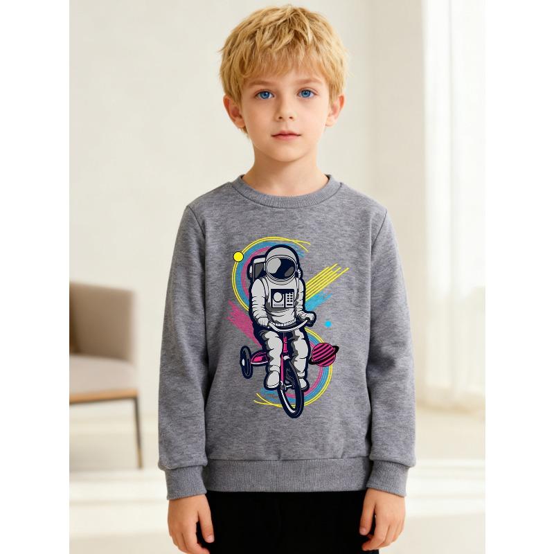 European sizes Kids' Fashion Crew Neck Pullover, Long Sleeve Top with Cartoon Astronaut Print, Suitable for Daily Casual Wear and Outdoor Activities