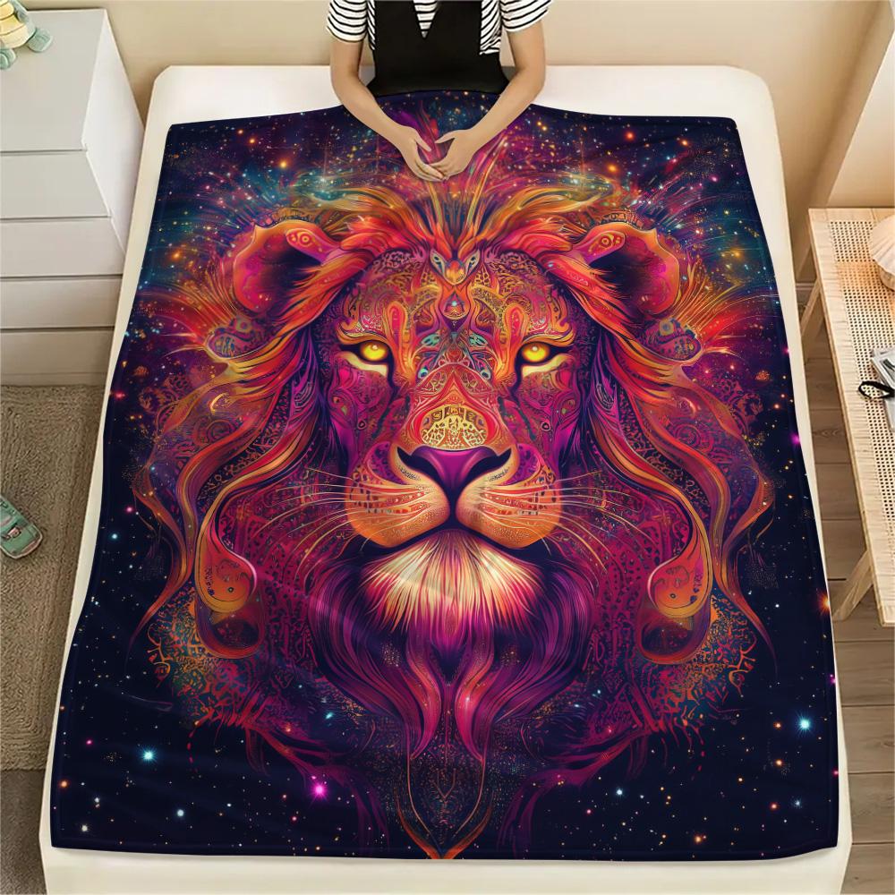 Starry Sky Lion Print Flannel Blanket, High quality Comfortable for All Seasons, Home Decor, Warmth and Comfort