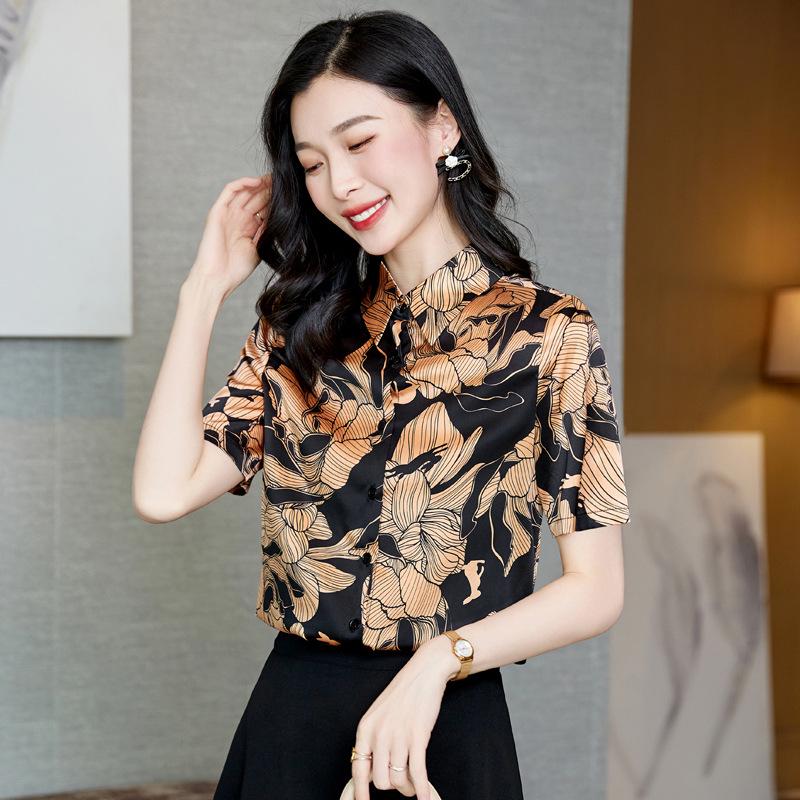 Summer 2025 Mulberry Silk Top: Hangzhou Short-Sleeve Dress for Middle-Aged Women, Printed Design, Large Size