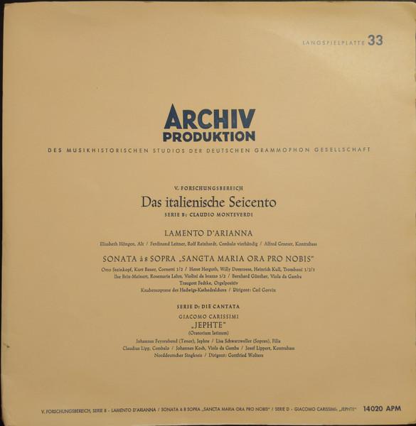 

LP Record CLAUDIO MONTEVERDI GIACOMO CARISS Lamento DArianna Sonata A 8 Sopr APM1420 Archiv Produkti 1955 Germany Classical Used