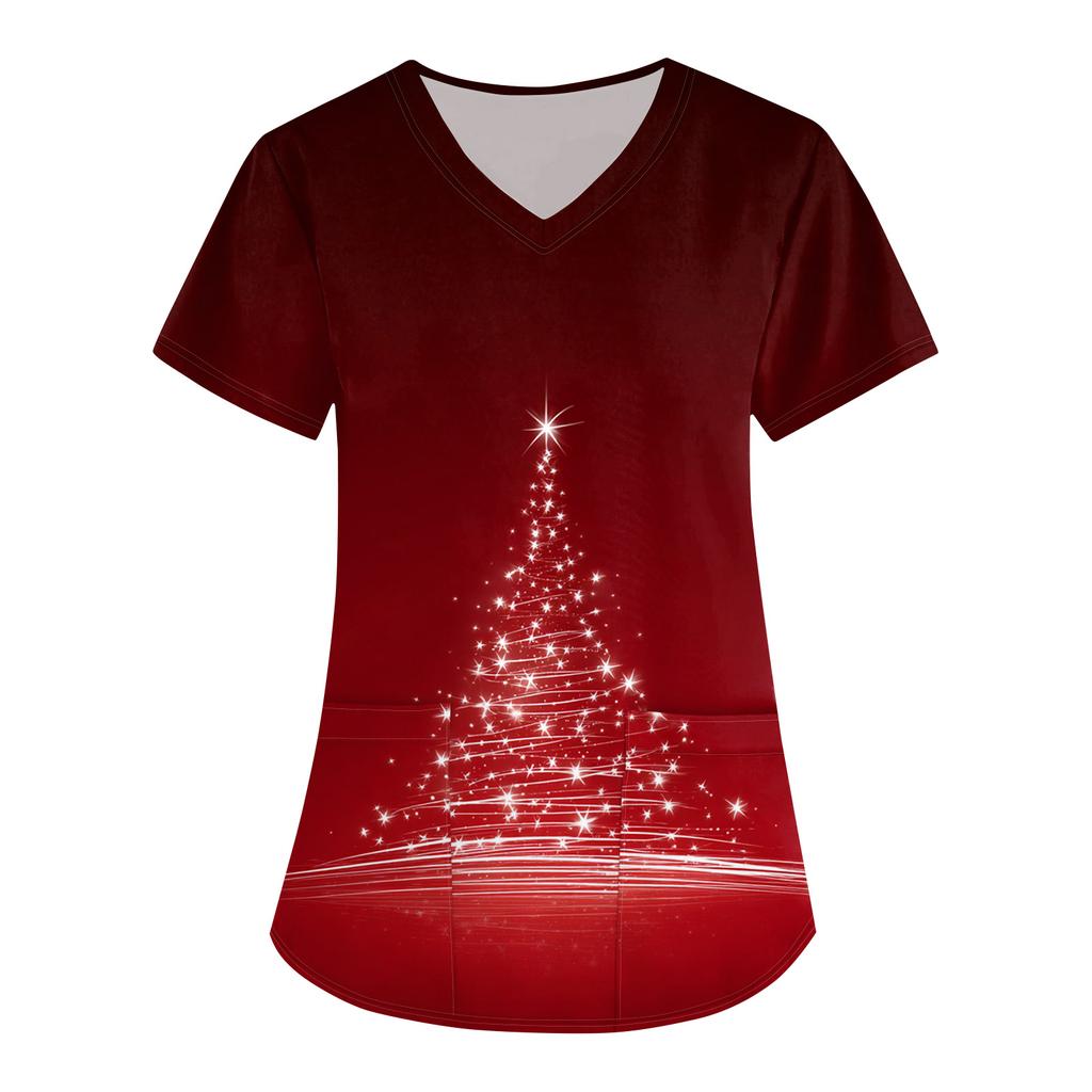 Women's Christmas Print Loose V-Neck Pocket Short-Sleeved Uniform