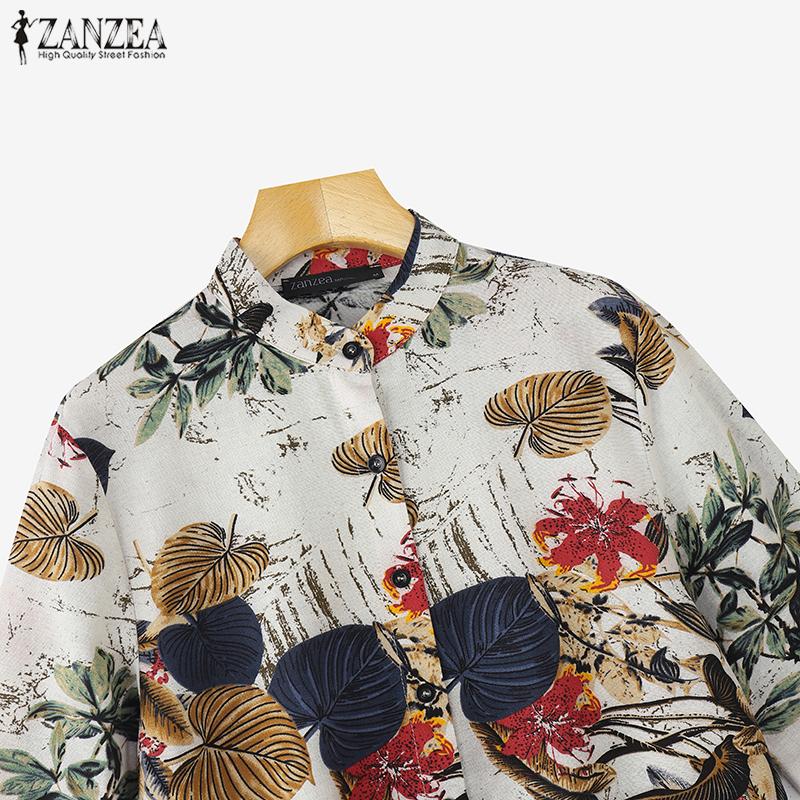ZANZEA Women Casual Stand Collar Half Sleeve Loose Print Cotton Dress