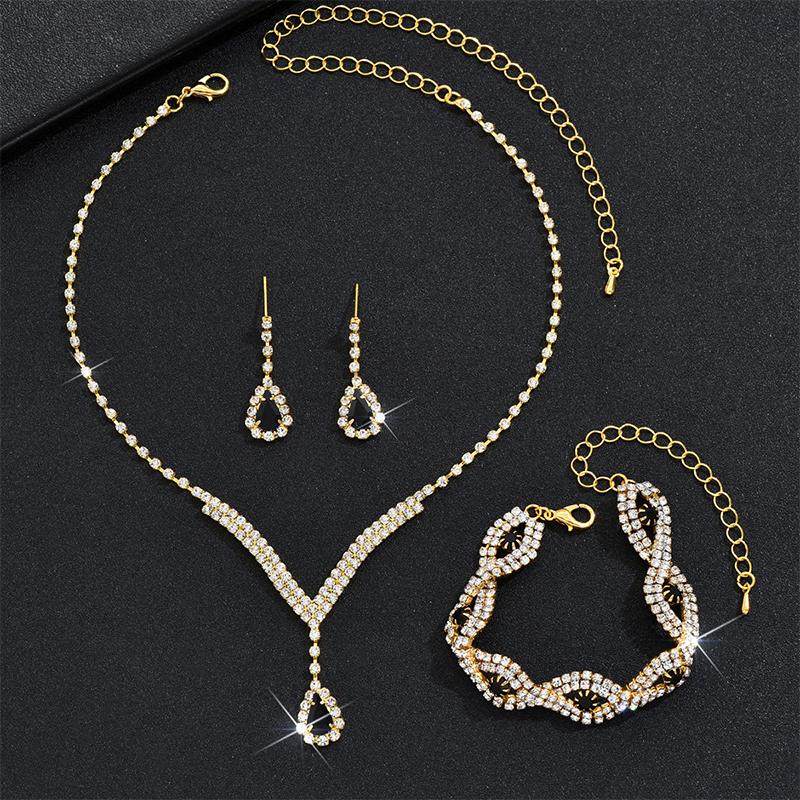 1Set Luxury Exquisite Rhinestone Bride Jewelry Set For Women Girls Fashion Simple Water Drop Earrings Necklace Bracelet Gifts