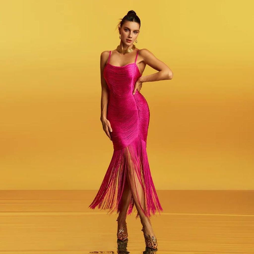 European & American Fringe Off-Shoulder Sexy Spaghetti Strap Bodycon Party Dress