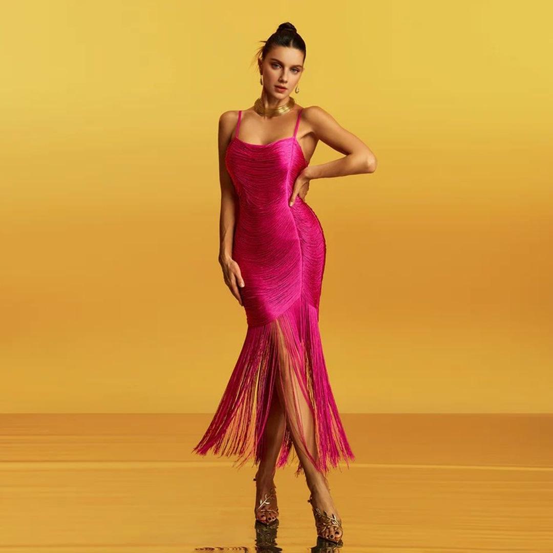 European & American Off-Shoulder Bandage Tassel Bodycon Dress L розы красного