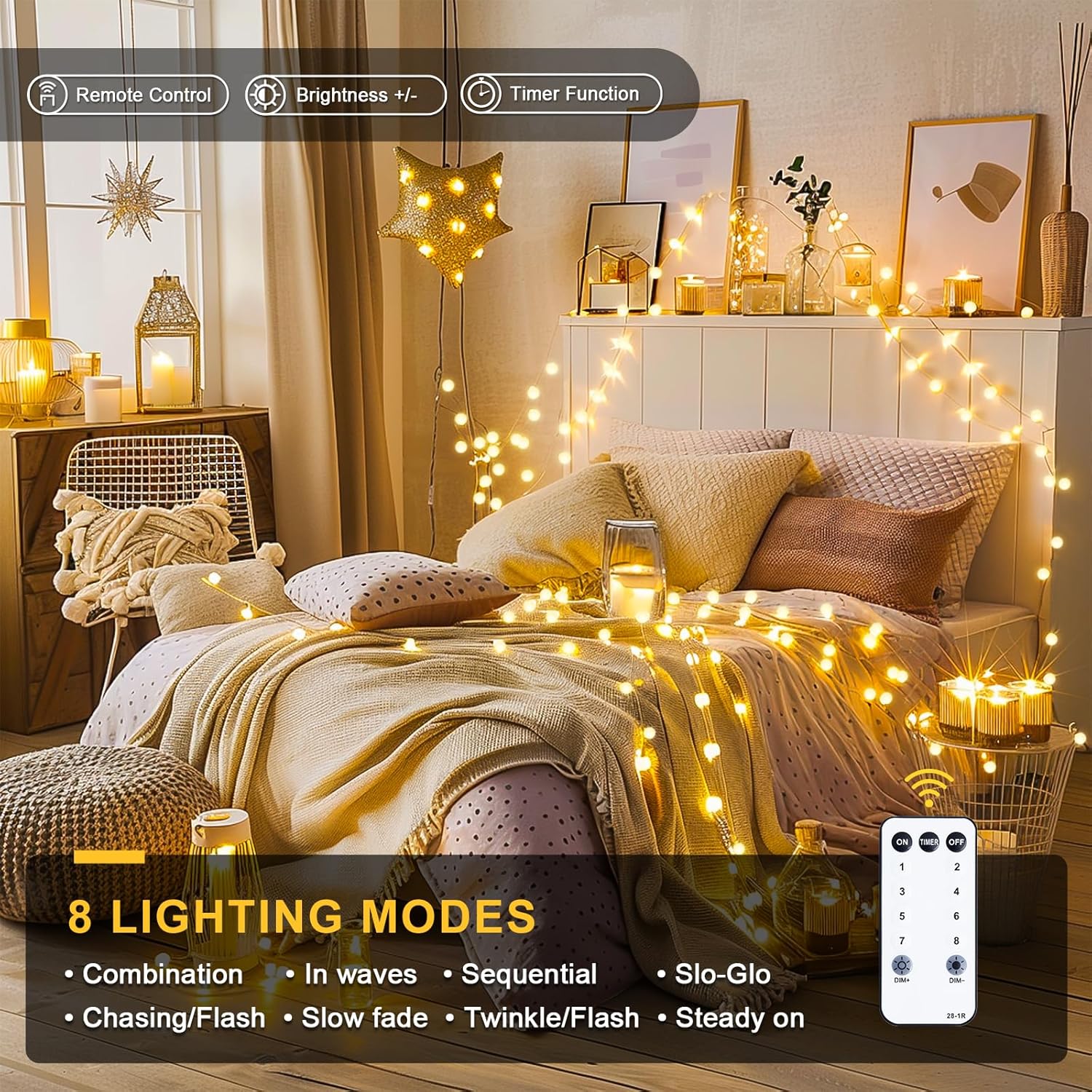 JMEXSUSS 100 LED Connectable Globe String Lights Indoor Bedroom, 33ft Warm White Christmas Lights Plug in with Remote, 8 Mode Hanging Fairy Lights