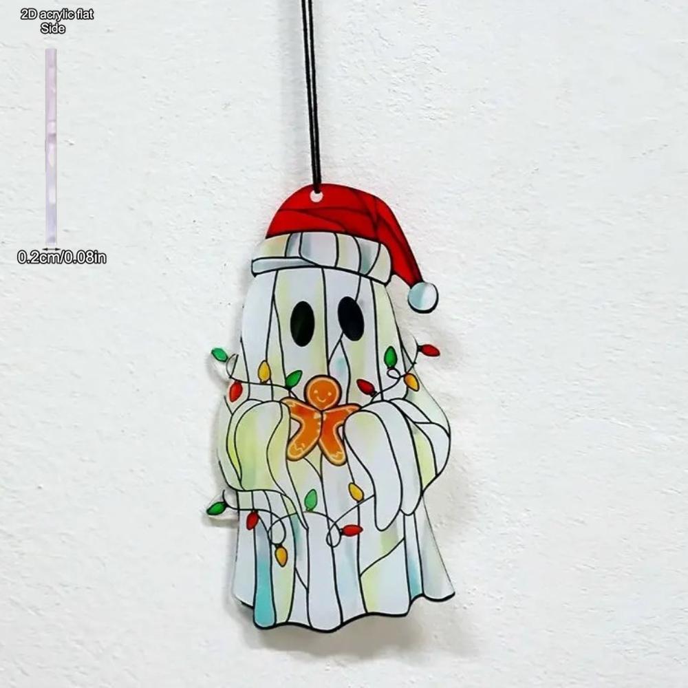 1pc Christmas Ghost Hanging Ornament Cute Ghost with Santa Hat Decortive Acrylic Suncatcher Art Pendants for Xmas Tree & Home Window