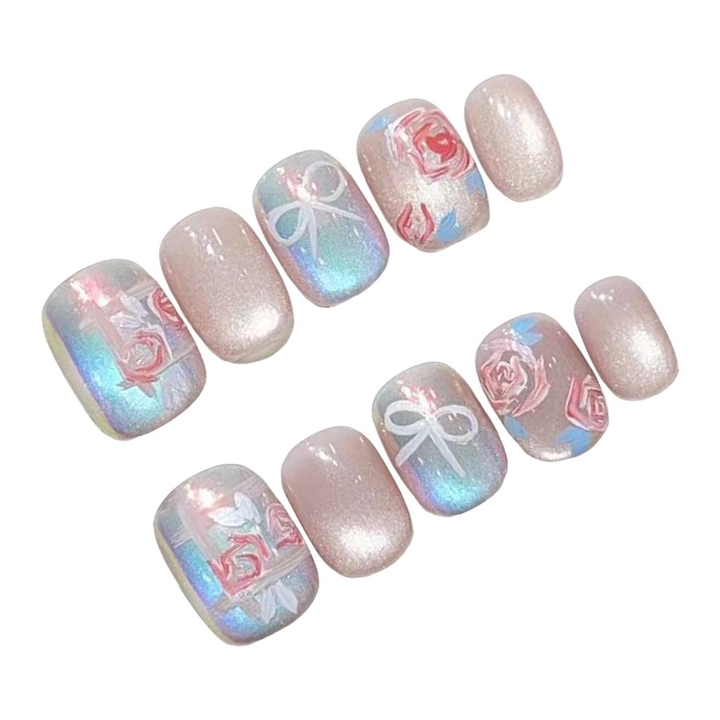 Rose-Bow Cat-Eye Nail Art Press On Nails Removable Short Design For Women
