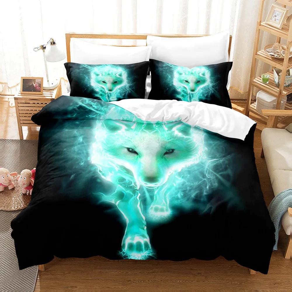 Boys Wolf Duvet Cover Set Queen Size, Boho Wolf Wildlife Animal Bedding Set Men Galaxy Dream Catcher Moon Polyester Quilt Cover