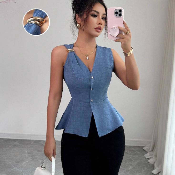 Women Minimalist V-Neck Sleeveless Slim Fit Blouse