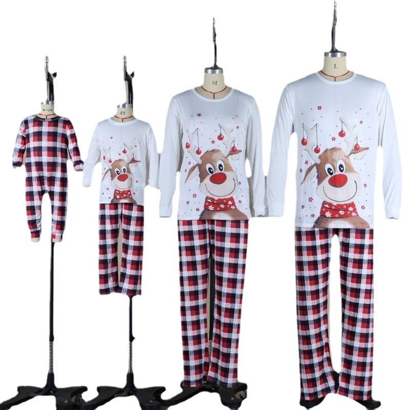 2025 Family Deer Print Cotton Plaid Set - Autumn/Winter Christmas Outfit