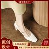 98375-2 Sheepskin French Thick Heel Mary Jane Shoes Spring and Autumn High Heels with Skirt Square Head One-word Buckle Strap Single Shoes