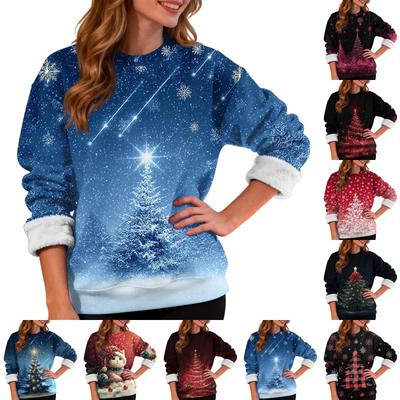 Damenmode Lässig Langarm Weihnachten Bedruckt Rundhals Plus Samt Verdicktes Sweatshirt