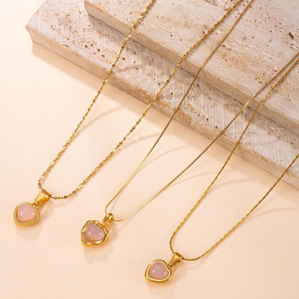 Heart Necklace Set: Natural Stone Cross, Stainless Steel, Waterproof, Colorfast, Fashionable Layered Clavicle Chain for Women