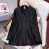 Women V Neck Waist Cinched Long Sleeve Button Up Shirt