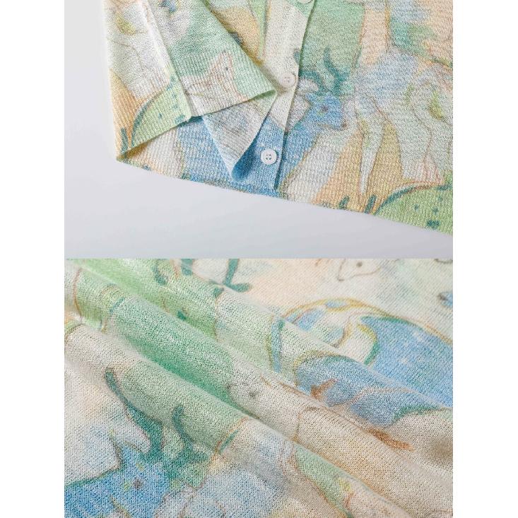 Summer Women's V-Neck Floral Print Knit Cardigan Long Sleeve Lightweight Casual Sweater Jacket Anti-Darkness