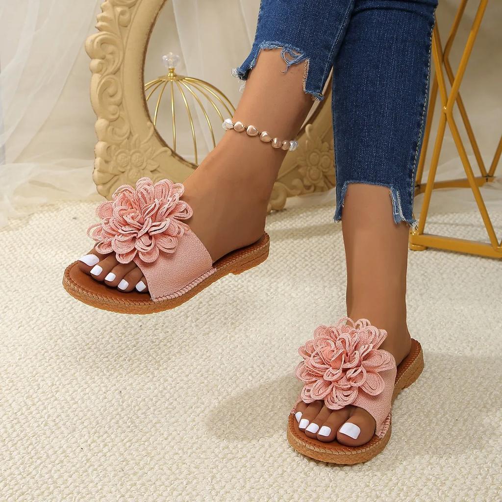 Fashion Women Flower Flat Slippers Casual Walking Shoes Female Summer Fashion Dress Sandals Outdoor Pink Shallow Zapatillas Mujer