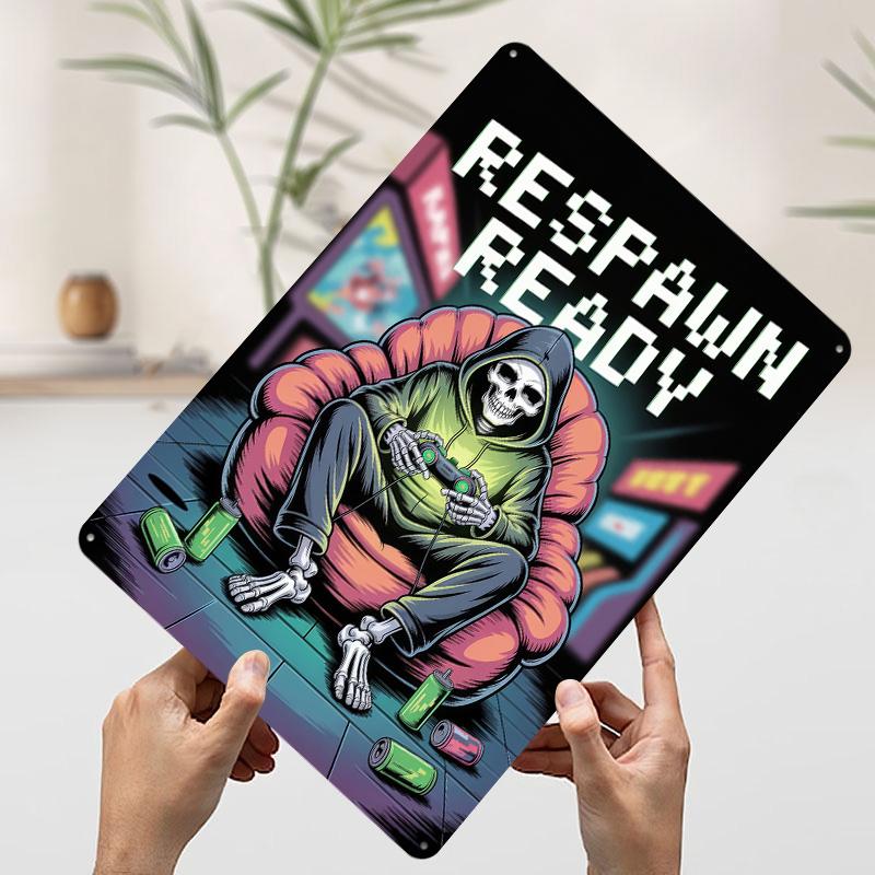 

Respawn Ready Skeleton Gamer Poster Customized Wall Art Vintage Metal Signs Retro Tin Plaque for Man Cave Aesthetic Room Decor 7.9x11.8In(20x30cm)