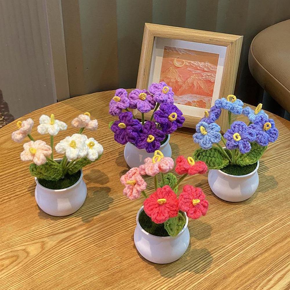 DIY Håndvevd Mini Potteblomst Rose Kontor Skrivebord Prydplanter Ulltråd Ferdig Produkt Hjemmedekorasjon