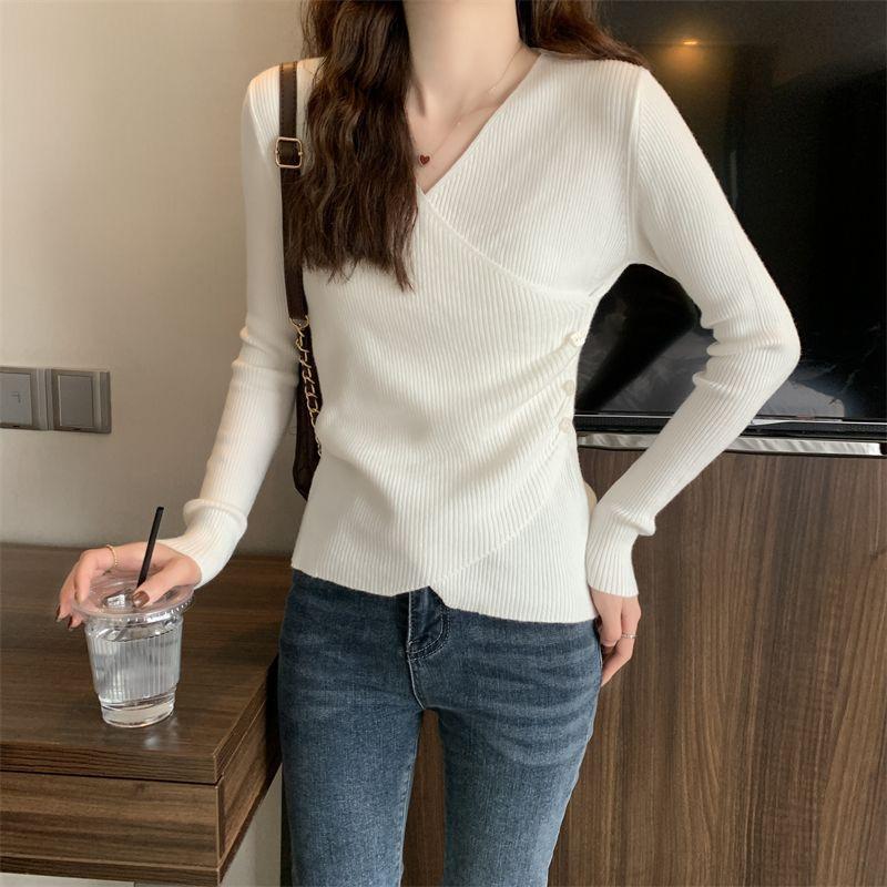 Sweater for Women Pullovers Ribbed Knit V-Neck Long Sleeve Button Side Plain Fall Winter Basic Outfit Tops
