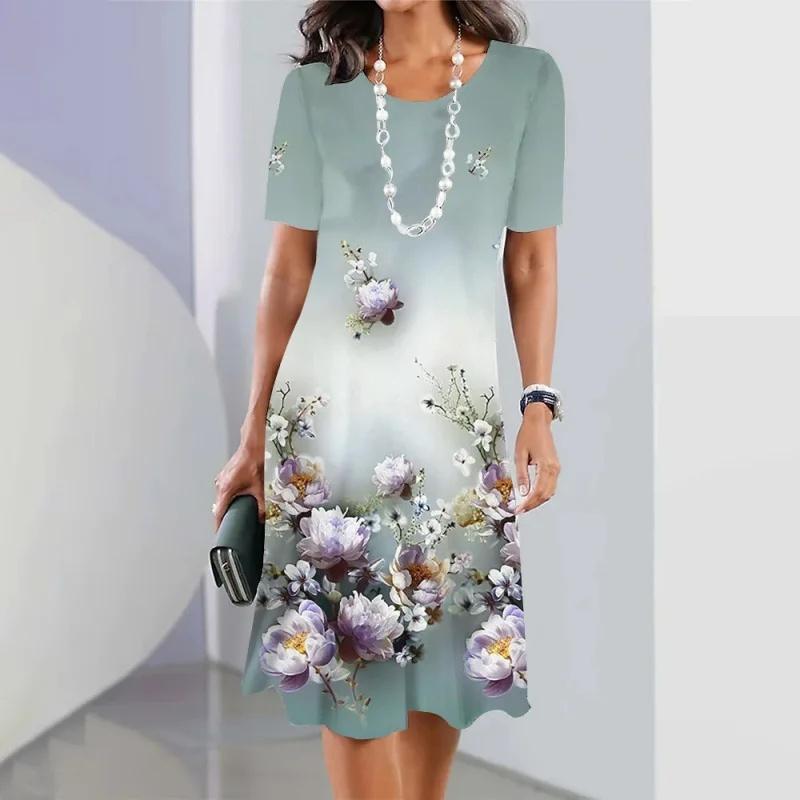 Fashion Casual Floral 3D Digital Printing Round Neck Ladies Dress Plus Size Knee-length Polyester Fiber Made of Loose Waist
