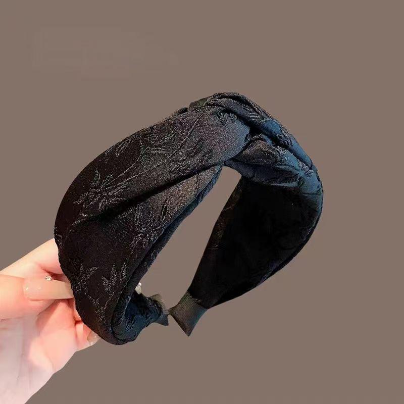 Women's High-End Black Knotted Headband - 2025 Embroidery Jacquard Wide Hair-Pressing Fashion Clip