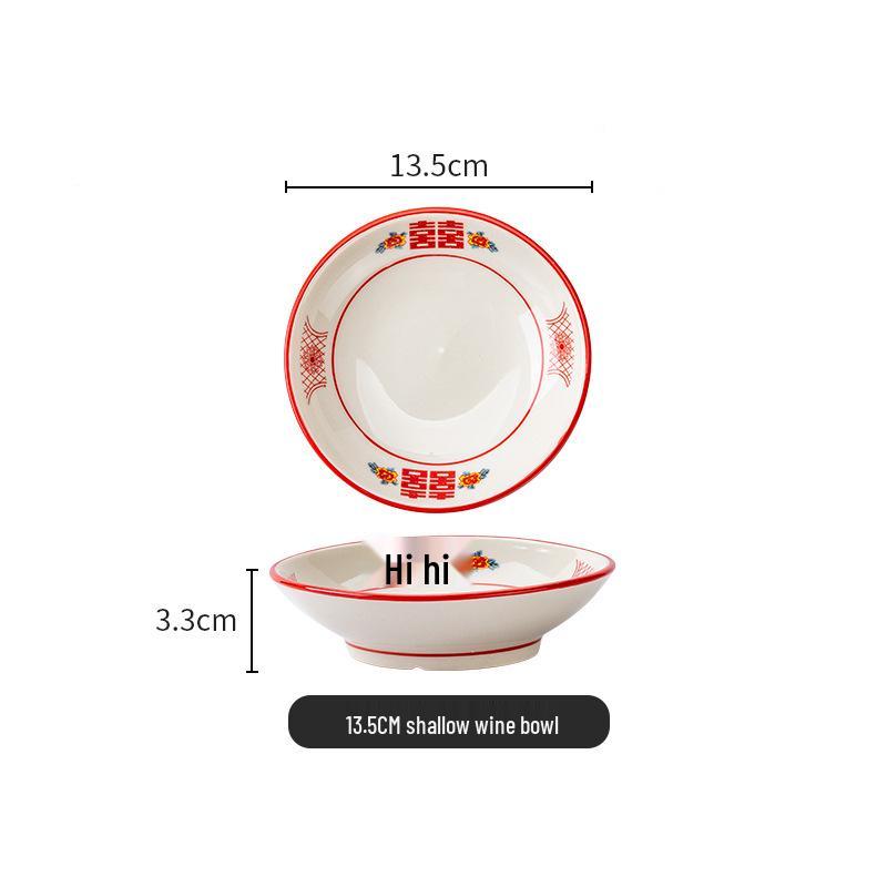 Set di Piatto Rotondo Rosso Ceramica Retrò Doppia Felicità - Piatto Basso, Piatto Piatto, Piatto per Hot Pot, Piatto per Carne, Piatto per Salsa e Piatto per Pesce per Tavola da Ristorante.