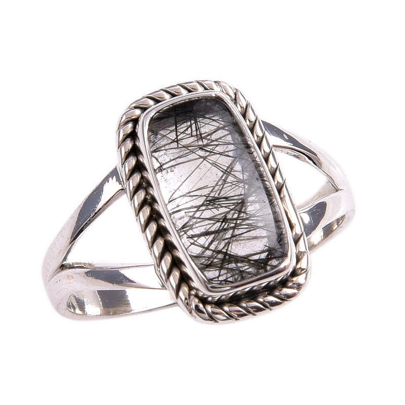Natural Black Rutile Gemstone 925 Solid Sterling Silver Jewelry Ring S.7.5 s8J93