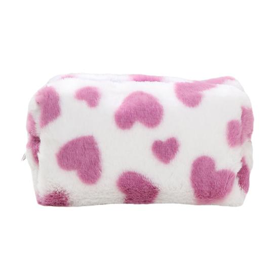 Fuzzy Makeup Bag Fluffy Plush Zipper Cosmetic Pouch with Heart Pattern Cute Pencil Case Travel Toiletry